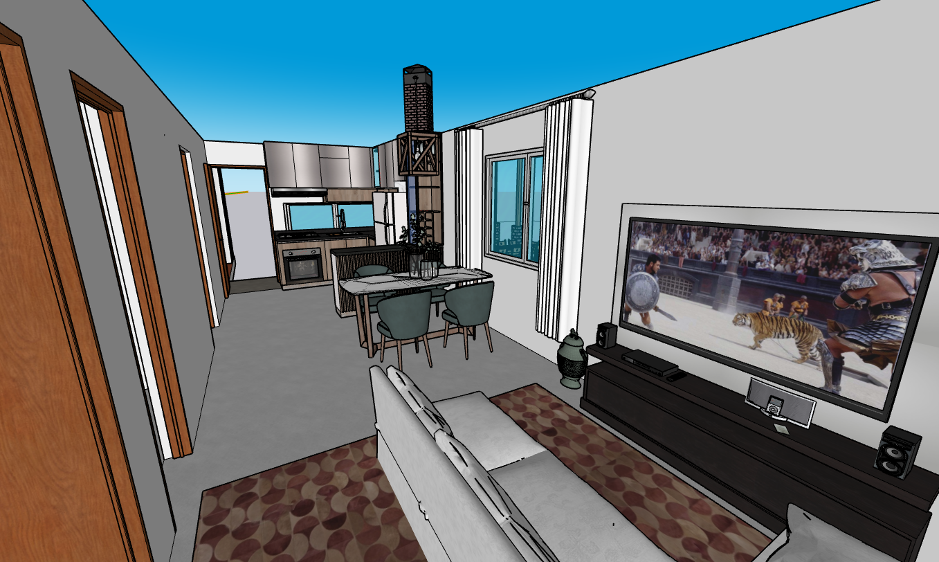 Modelo 3D de la sala, comedor y cocina de la vivienda